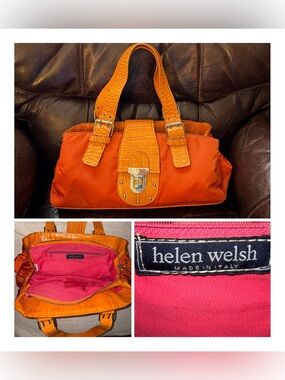 Vintage Y2K Helen Welsh Orange Leather Nylon Shoulder Bag Italian RN 108740